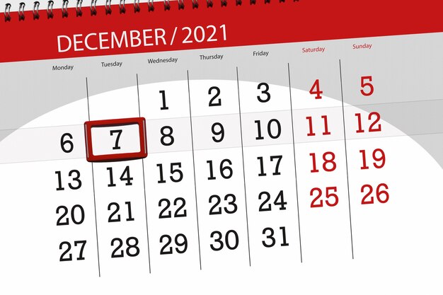 Pianificatore di calendario per il mese dicembre 2021, giorno di scadenza, 7, martedì.