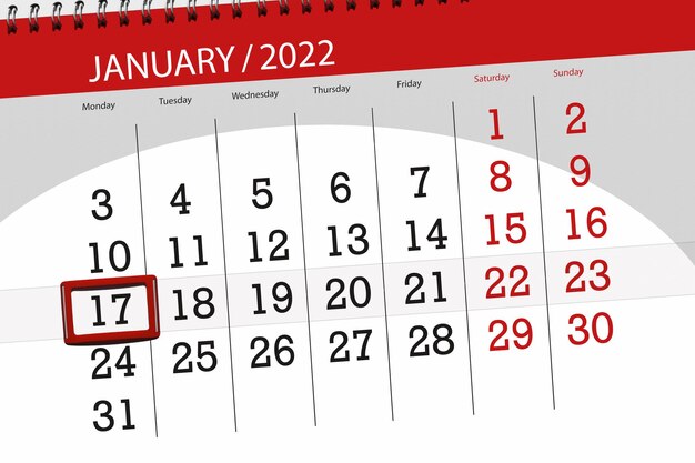 Pianificatore di calendario per il mese gennaio 2022, giorno di scadenza, 17, lunedì.