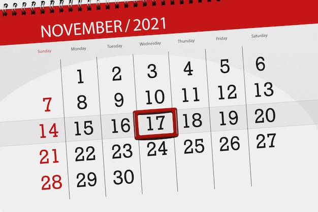 Pianificatore di calendario per il mese novembre 2021, giorno di scadenza, 17, mercoledì.