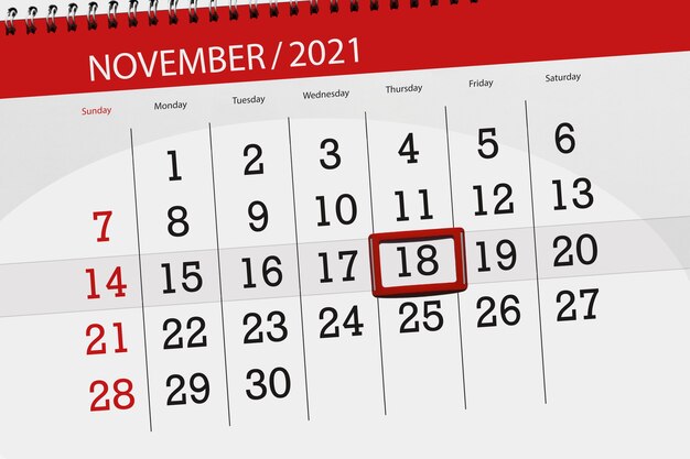 Pianificatore di calendario per il mese novembre 2021, giorno di scadenza, 18, giovedì.