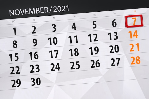 Pianificatore di calendario per il mese novembre 2021, giorno di scadenza, 7, domenica.