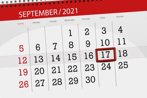 Pianificatore di calendario per il mese settembre 2021, giorno di scadenza, 17, venerdì.