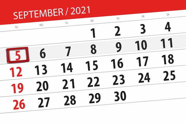 Pianificatore di calendario per il mese settembre 2021, giorno di scadenza, 5, domenica.