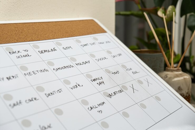 Foto pianificatore mensile pieno di appuntamenti e piani per il mese successivo calendario del mese occupato magnetico