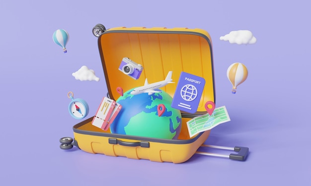 Pianificazione del viaggio Vacanze estive Vacanze estivi Viaggi e turismo Viaggi al mondo Prenotazione di viaggi Viaggi in tutto il mondo Viaggi e Turismo concetto 3d minimal render illustration