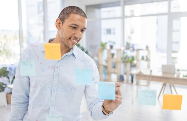 Pianificazione della scrittura e uomo d'affari in ufficio per l'agenda e la gestione del programma con note adesive Visione del sorriso e leader maschile con idea per la pubblicità di marketing o obiettivo di carriera felice e mentalità