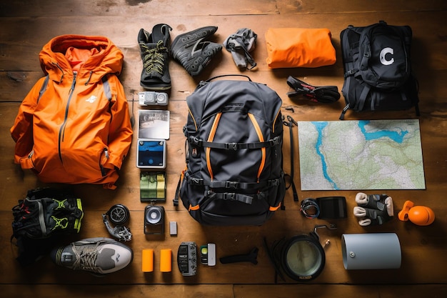 Pianificazione di attrezzature da viaggio all'aperto per un viaggio in campeggio e trekking in montagna su sfondo di legno Vista dall'alto generato con l'intelligenza artificiale