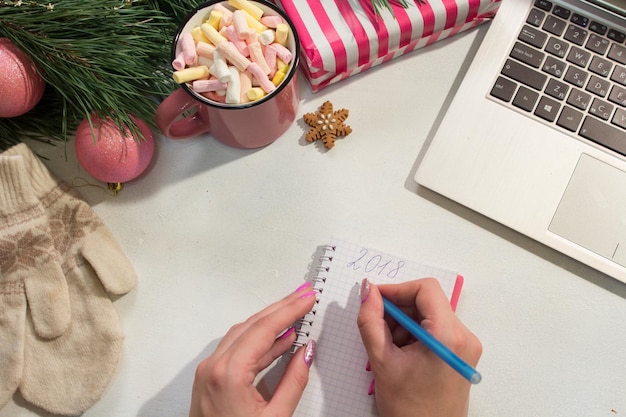 Pianificazione e gestione del tempo per il prossimo anno Donna che prende appunti vicino ai guanti lavorati a maglia per laptop in pino decorato festivo e tazza di marshmallow Vista dall'alto Concetto di vacanze di Natale e Capodanno