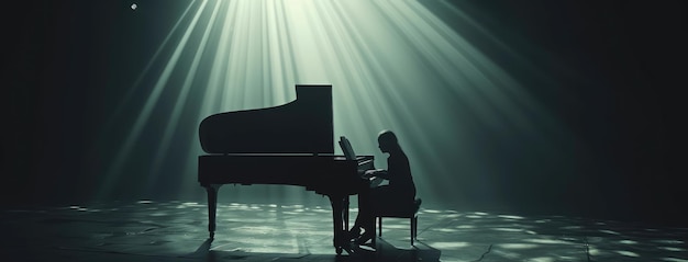 Pianista che suona il pianoforte a coda sotto i riflettori del palco