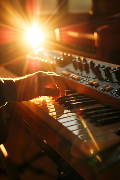 Pianista che suona il sintetizzatore al tramonto