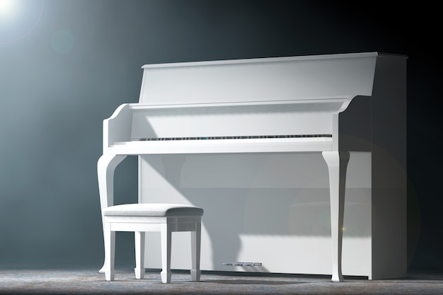 Piano bianco alla luce volumetrica su sfondo nero. Rendering 3D