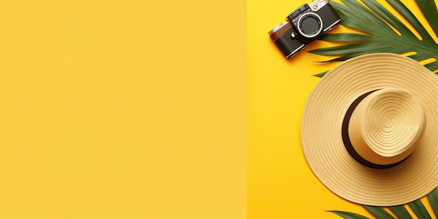 piano con accessori per viaggiatori foglia di palma tropicale telecamera retro cappello solare stella di mare su giallo
