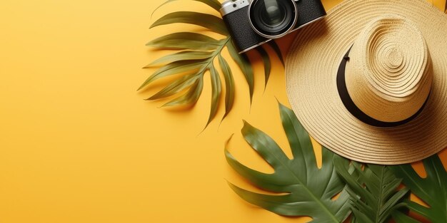 piano con accessori per viaggiatori foglia di palma tropicale telecamera retro cappello solare stella di mare su giallo