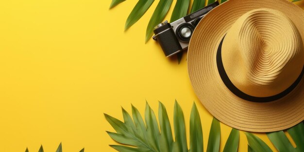 piano con accessori per viaggiatori foglia di palma tropicale telecamera retro cappello solare stella di mare su giallo