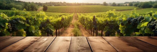 Piano d'appoggio vuoto in legno con sfondo sfocato del paesaggio del vigneto Ai generativo