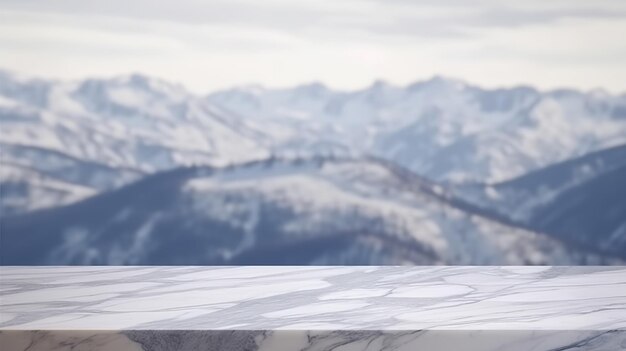 Piano del tavolo con superficie in marmo con stabilimento di montagna fredda per l'aspetto delle cose e il mockup Risorsa creativa generata dall'IA