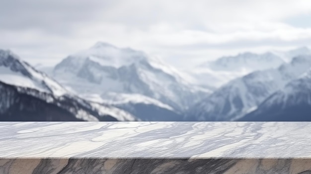 Piano del tavolo con superficie in marmo con stabilimento di montagna fredda per l'aspetto delle cose e il mockup Risorsa creativa generata dall'IA