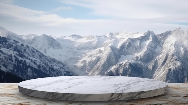 Piano del tavolo con superficie in marmo con struttura di montagna fredda per l'aspetto delle cose e il mockup Risorsa creativa generata dall'IA