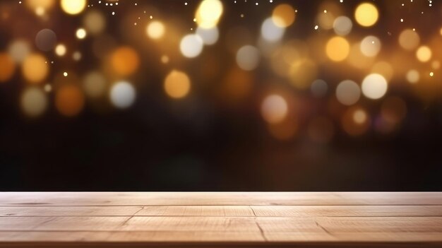 Piano del tavolo in legno con luce sfocata bokeh nella notte buia Generativo Ai