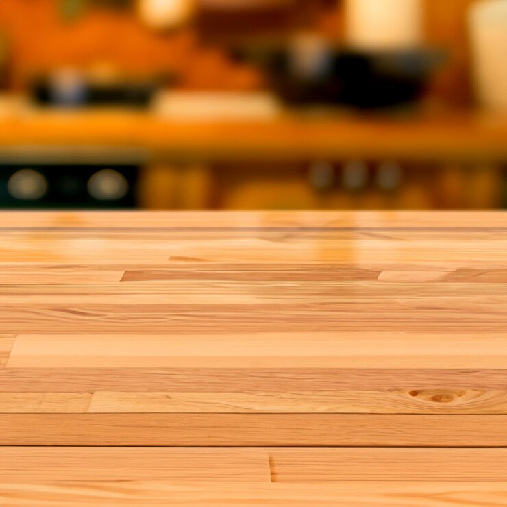 Foto piano del tavolo in legno con sfocatura dello sfondo della cucina effetto bokeh