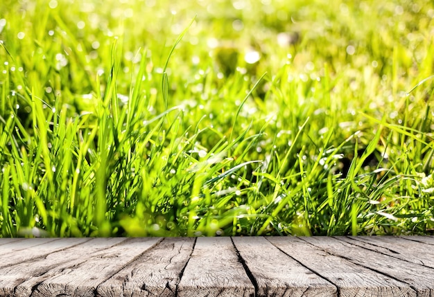 Piano del tavolo in legno e fondo della natura dell'erba primaverile