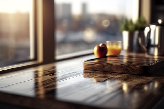 Piano del tavolo in legno senza oggetti contro una cucina sfocata ai generativa