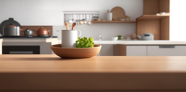 Piano del tavolo in legno su sfocatura dello sfondo della cucina Interni cucina moderna e contemporanea IA generativa
