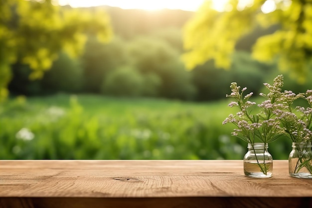 Piano del tavolo in legno su sfondo astratto bokeh verde natura