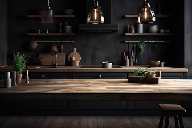 Piano del tavolo in legno su sfondo sfocato del bancone della cucina Piano del tavolo in legno su sfocatura IA generatrice
