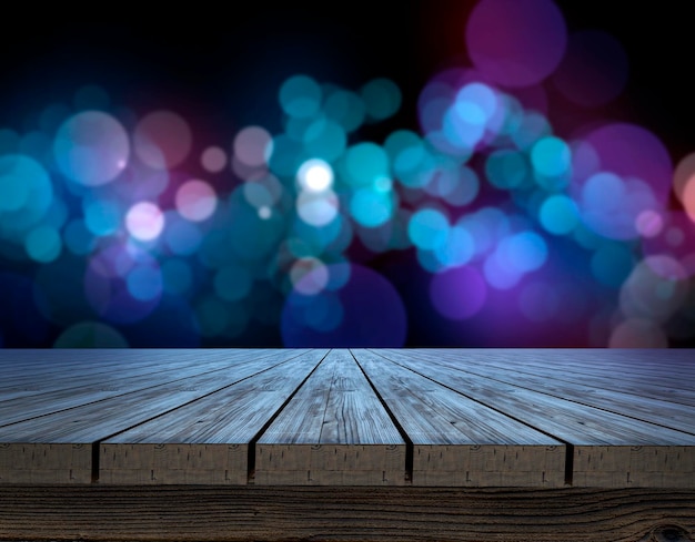 Piano del tavolo in legno sul brillante sfondo bokeh di fondo per scegliere il miglior design