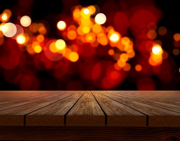 Piano del tavolo in legno sul brillante sfondo bokeh di fondo per scegliere il miglior design