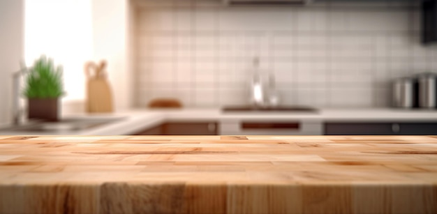 Piano del tavolo in legno sulla sfocatura dello sfondo del bancone della cucina