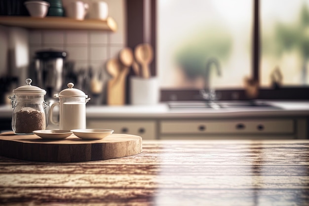 Piano del tavolo in legno sullo sfondo nebbioso della cucina