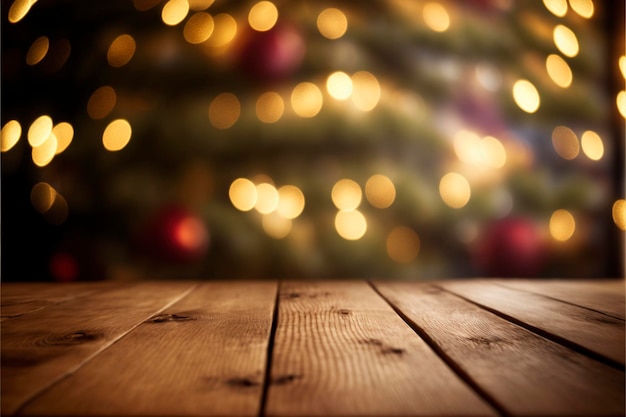 Piano del tavolo in legno vuoto con albero di Natale sfocato con sfondo chiaro bokeh