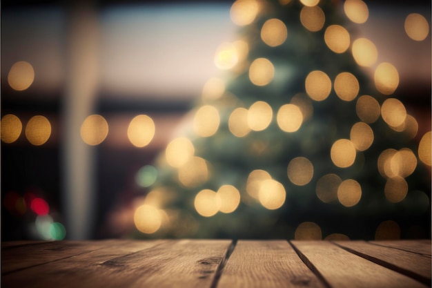 Piano del tavolo in legno vuoto con albero di Natale sfocato con sfondo chiaro bokeh