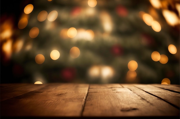 Piano del tavolo in legno vuoto con albero di Natale sfocato con sfondo chiaro bokeh