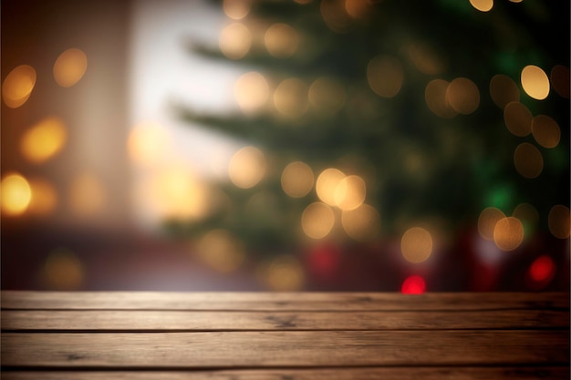 Piano del tavolo in legno vuoto con albero di Natale sfocato con sfondo chiaro bokeh