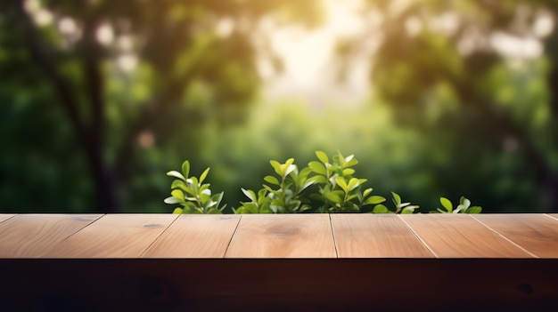 piano del tavolo in legno vuoto con sfondo naturale sfocato