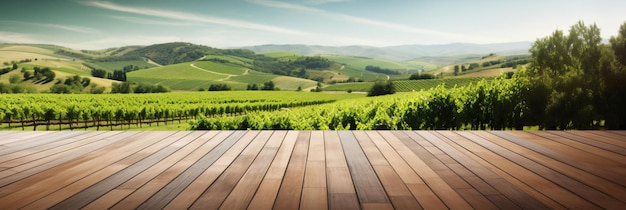 Piano del tavolo in legno vuoto con sullo sfondo sfocato del display del prodotto sullo sfondo del paesaggio della vigna