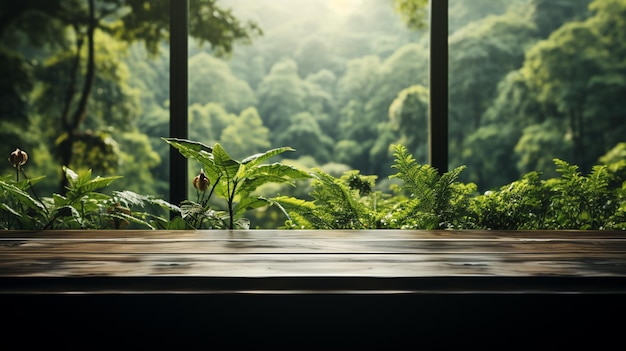 Piano del tavolo in legno vuoto e foglie o alberi di palma verde con riflessione della luce sfocata