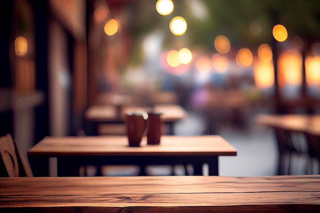 Piano del tavolo in legno vuoto foto su sfondo sfocato astratto ristorante e caffè