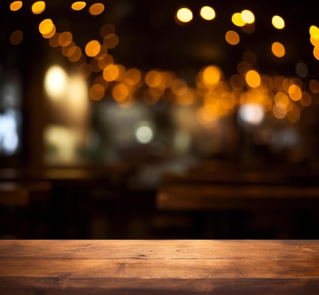 Piano del tavolo in legno vuoto su sfocatura oro chiaro bokeh del ristorante caffetteria