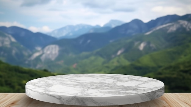 Piano del tavolo in marmo di livello con immagine dell'istituzione della scena di montagna per il mockup dello spettacolo di cose Risorsa creativa AI generata