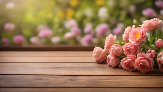 Piano del tavolo vuoto con tavola di legno su sfondo floreale sfocato