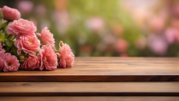 Piano del tavolo vuoto con tavola di legno su sfondo floreale sfocato