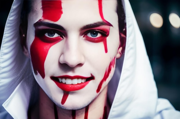 piano di fortificazione di Halloween Psicopatico trucco bianco e sangue sul viso pazzo sorriso