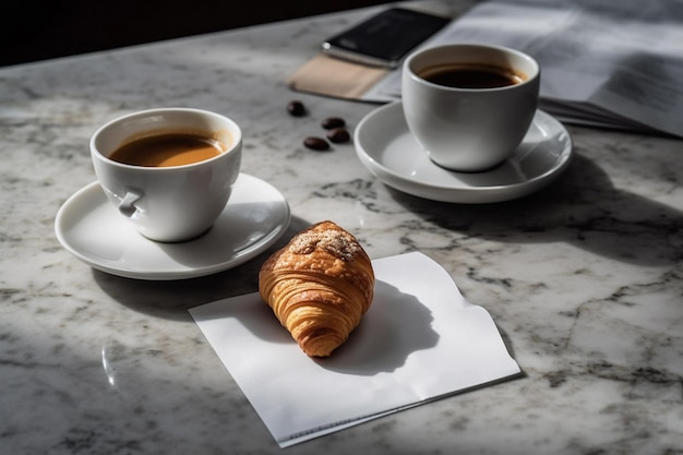 Piano di lavoro in marmo con una tazza di caffè e un croissant