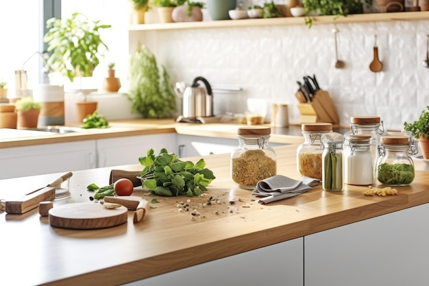 Piano di lavoro moderno del tavolo da cucina con fotografia di alimenti pubblicitari professionali domestici