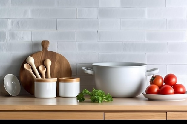 Piano di lavoro moderno della cucina con utensili culinari domestici su di esso concetto di cucina sana domestica
