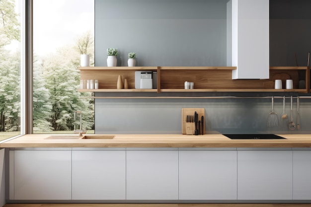 Piano in legno sullo sfondo della cucina moderna AI generato